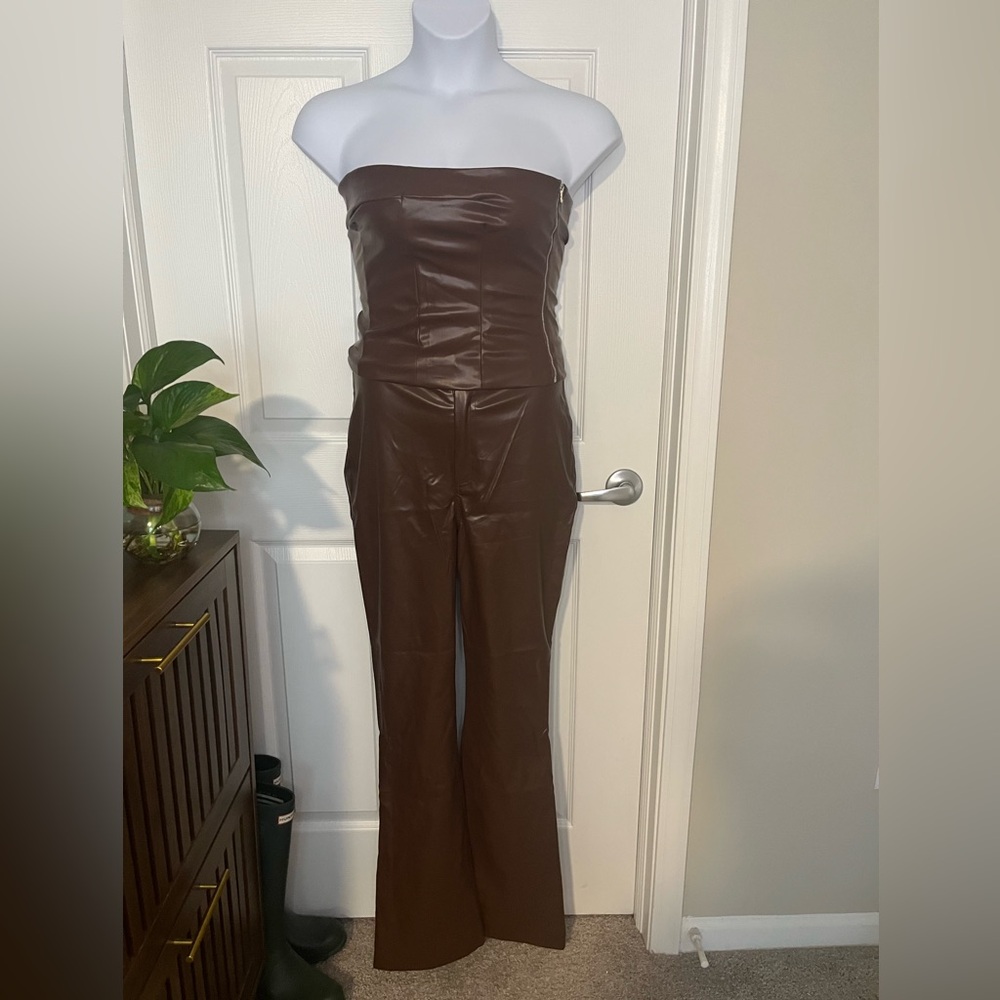 Fashion Nova Chocolate Strapless 2 piece faux leather set flare pants
